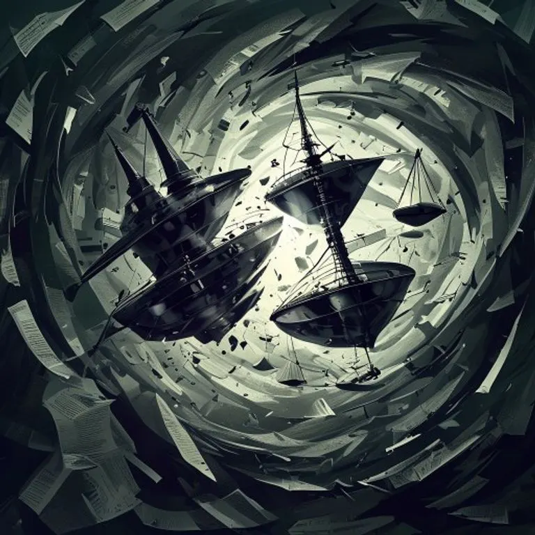 Arte conceptual de dos siluetas abstractas y metálicas de barcos colisionando en medio de un torbellino de documentos legales y balanzas de la justicia, renderizado en una paleta oscura y dramática con líneas geométricas nítidas.