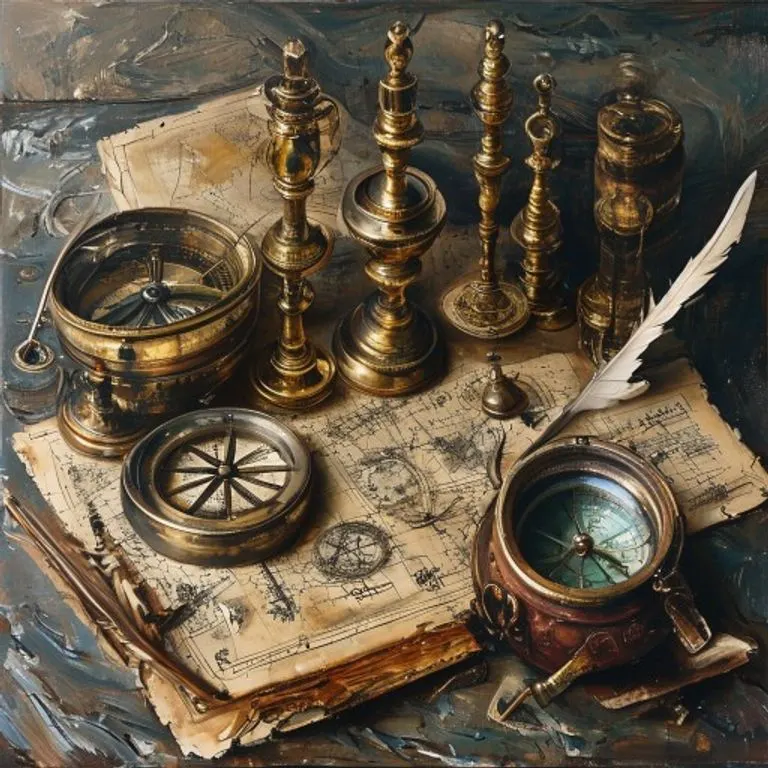 Pintura al óleo de instrumentos de navegación antiguos como un sextante y una brújula, sobre un mapa náutico desgastado, con una pluma y un libro de contabilidad.