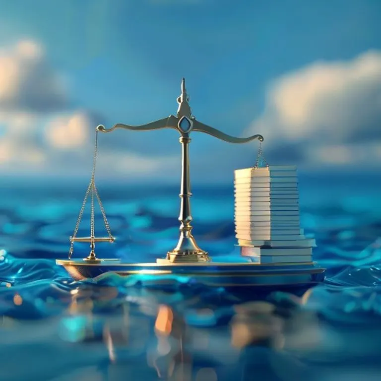 Ilustración digital 3D de balanzas de justicia equilibrando un barco de carga en miniatura y documentos legales, con un fondo oceánico azul.