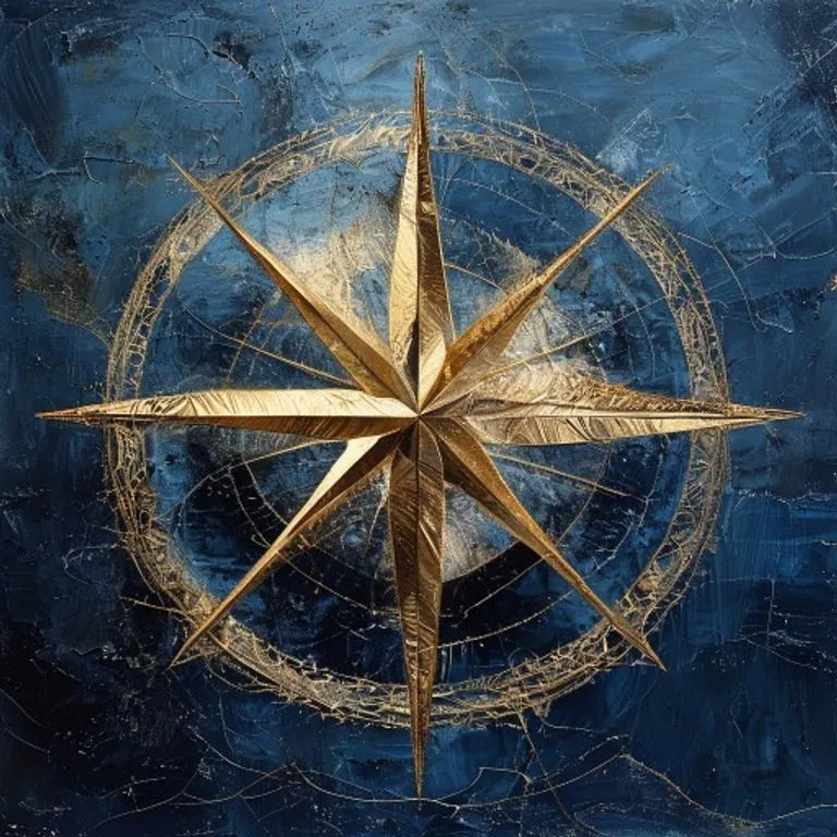 Arte conceptual abstracto de una brújula de oro entrelazada con hilos, uno más grueso que guía hacia un horizonte brillante. El fondo azul profundo simboliza la inmensidad del océano y la complejidad de las leyes marítimas.