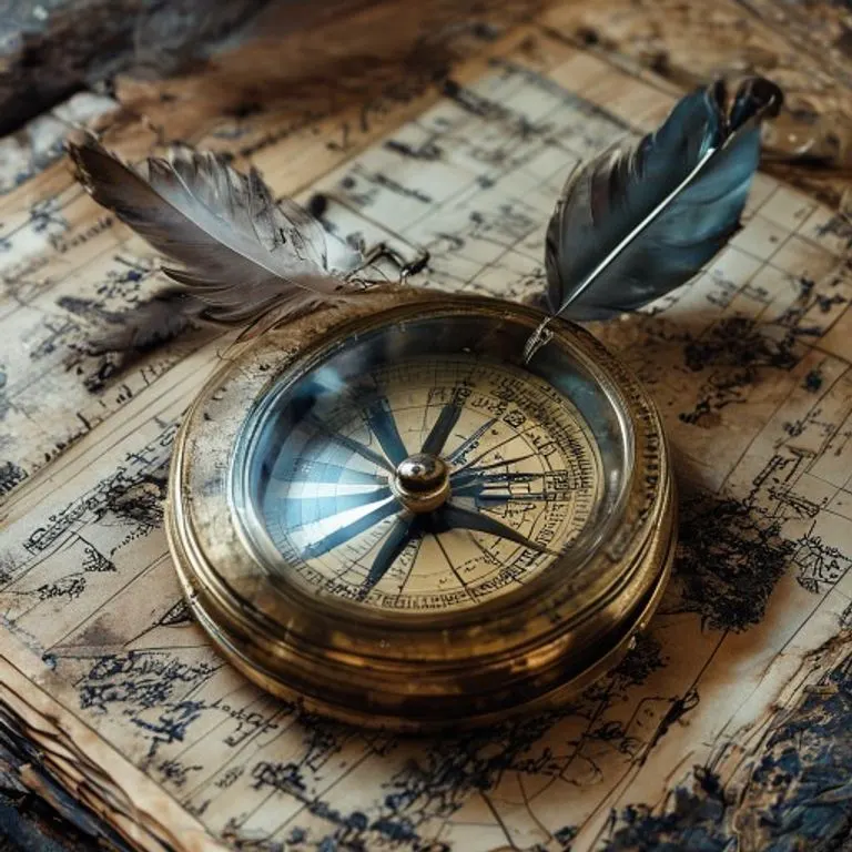 Detalle de una antigua brújula de latón sobre un mapa náutico desgastado, con un diario de bitácora abierto y una pluma de ave.