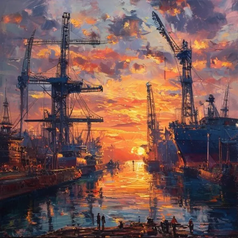 Pintura al óleo de un astillero bullicioso al atardecer, con grúas imponentes y siluetas de barcos en construcción, reflejando el trabajo y la industria naval.