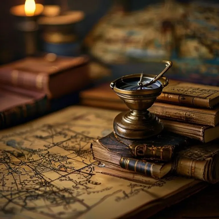 Fotografía cinematográfica de un sextante antiguo de latón en miniatura sobre una pila de tomos legales encuadernados en cuero envejecido, iluminado por una luz cálida y direccional, con un mapa borroso de rutas comerciales antiguas de fondo.