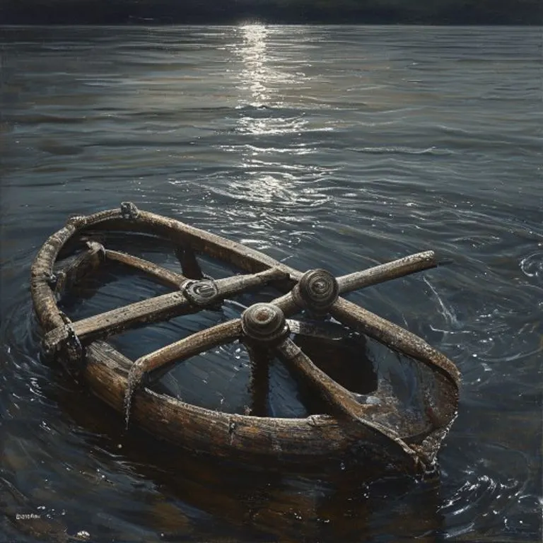Pintura al óleo hiperrealista de un timón de barco de madera desgastado, parcialmente sumergido en agua tranquila y oscura, reflejando una sutil luz de luna, con suaves ondas que se extienden. El enfoque está en las texturas de la madera y el agua.