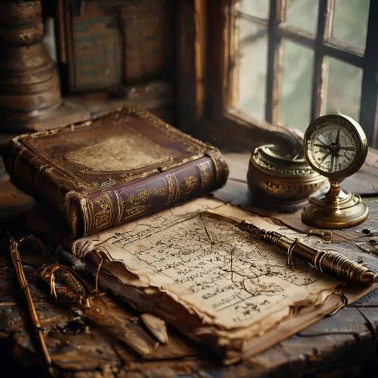 Bodegón cinematográfico de un escritorio antiguo con un libro legal abierto, un compás de latón y una pluma de ave, con un mapa tenue de rutas comerciales. Simboliza la base histórica del derecho.