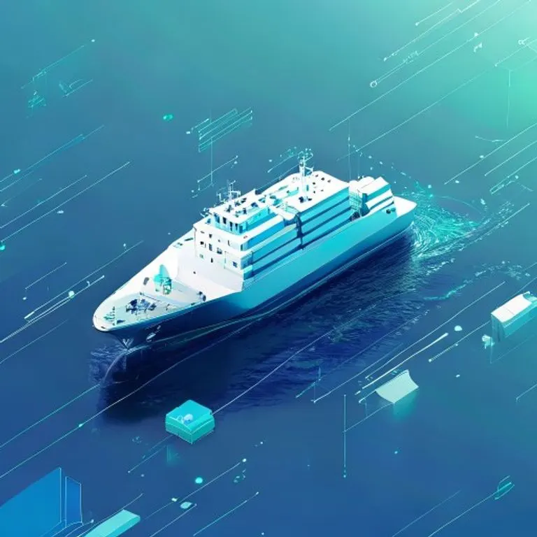 Renderizado isométrico 3D de un moderno buque portacontenedores navegando en aguas estilizadas, rodeado de formas geométricas abstractas que representan rutas comerciales y datos digitales.