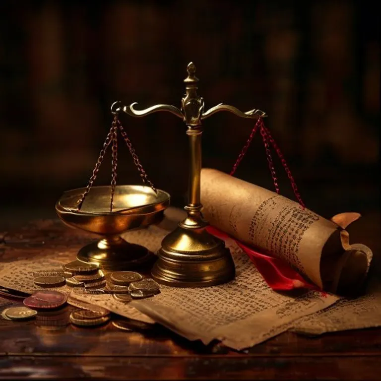Bodegón cinematográfico de una balanza de latón antigua equilibrando monedas y un pergamino, simbolizando la tradición legal y la seguridad financiera.