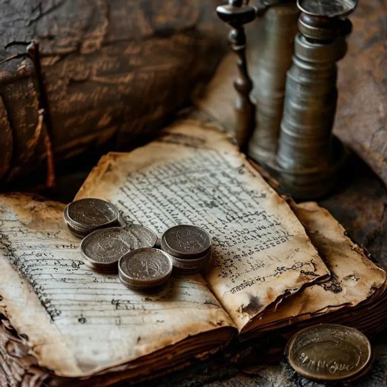 Fotografía macro de un libro de contabilidad antiguo abierto, con monedas y una balanza de latón, simbolizando el valor y la historia de las transacciones financieras.
