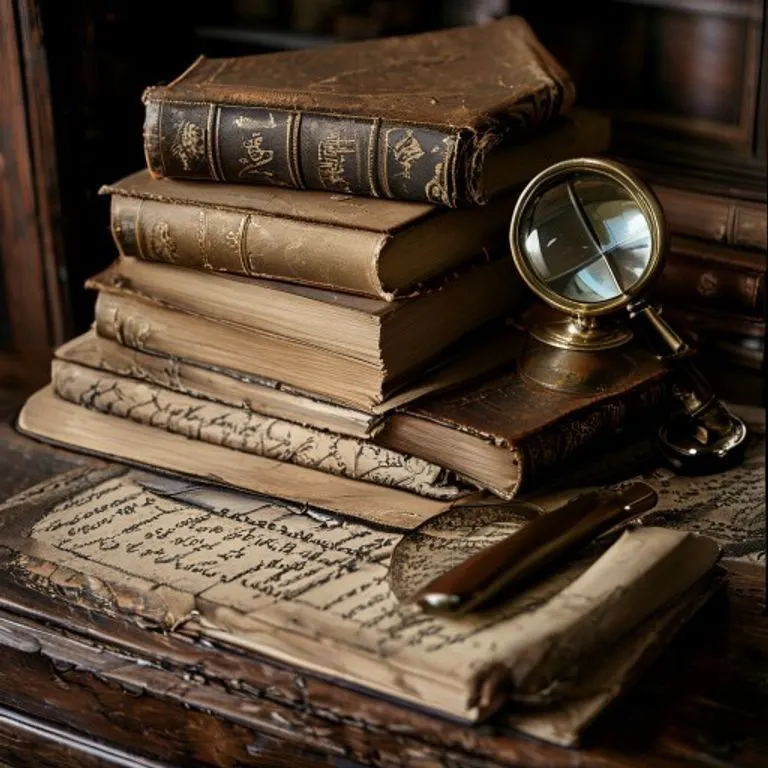 Fotografía vintage de un bodegón con libros de leyes antiguos, una lupa de latón, un sello de cera y un libro mayor de cuero abierto.