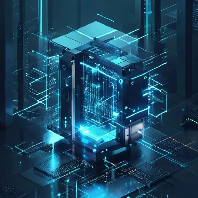 Renderizado 3D isométrico de una bóveda digital futurista con formas geométricas brillantes y flujos de datos etéreos, en un entorno de servidor minimalista.