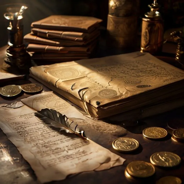 Fotografía cinematográfica de una mesa de madera antigua con monedas de oro y plata dispersas, un libro de contabilidad abierto y un contrato sellado con cera. La luz dramática resalta las texturas y los detalles financieros.