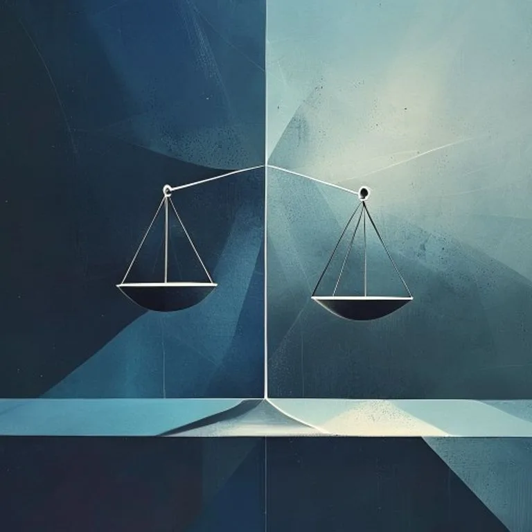 Arte conceptual abstracto de dos formas geométricas entrelazadas sobre una balanza de la justicia minimalista, simbolizando el equilibrio y la formalidad de los acuerdos legales y comerciales.