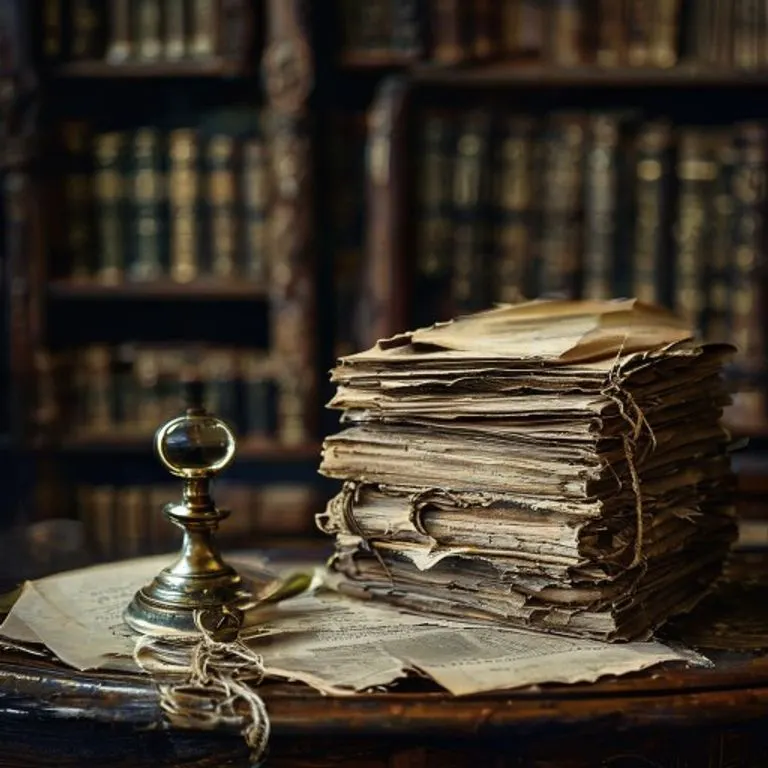 Fotografía vintage de un escritorio de madera antiguo con documentos atados, un tintero de latón y una lupa, con una estantería borrosa llena de libros de leyes de fondo.