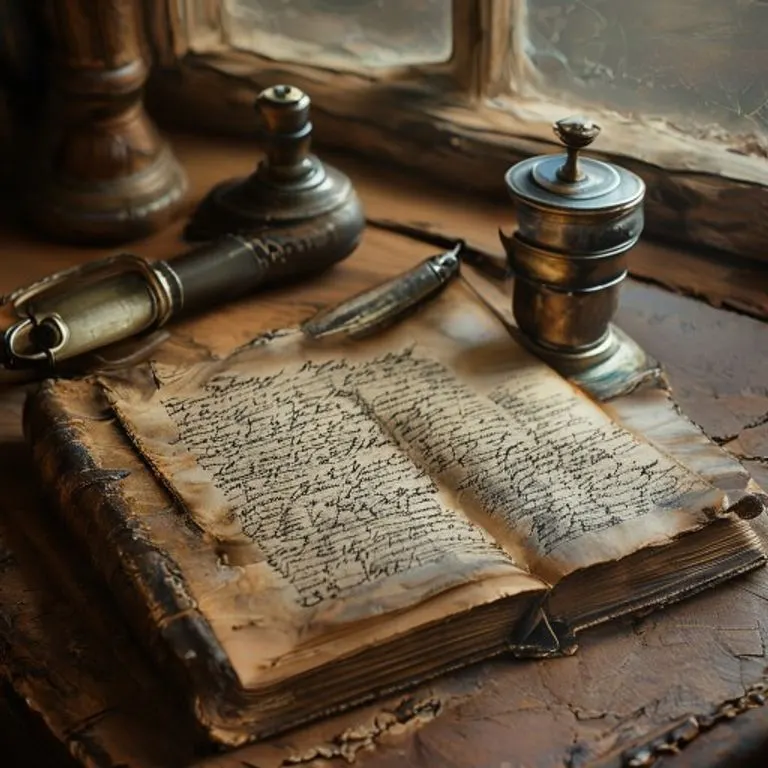 Bodegón cinematográfico de un libro de contabilidad antiguo de cuero abierto con entradas manuscritas, junto a un tintero de plata y un sello de cera. Luz cálida filtrándose, enfatizando la textura y el detalle histórico.