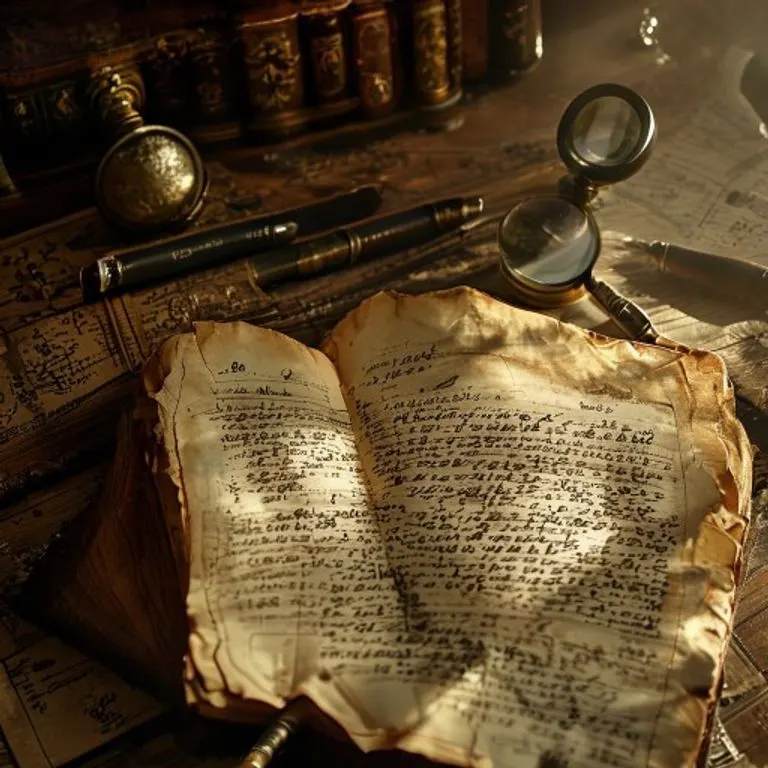 Bodegón cinematográfico de un libro de contabilidad antiguo abierto, mostrando entradas manuscritas de débitos y créditos, con plumas estilográficas y una lupa.