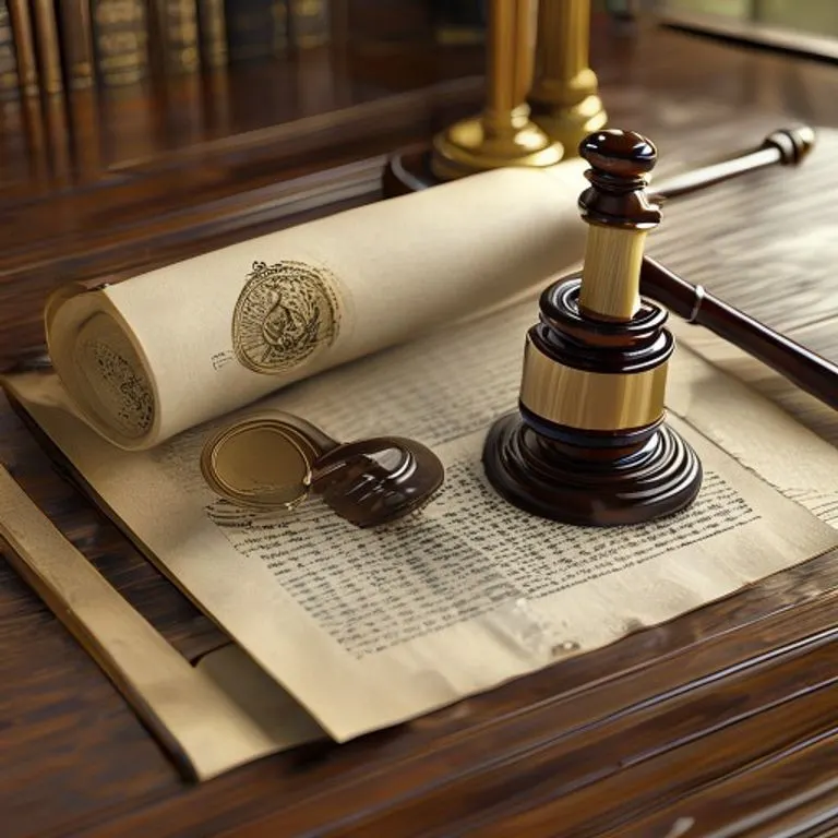 Render 3D de un pergamino legal estilizado con un sello de cera, parcialmente desenrollado sobre un escritorio de madera pulida, junto a un mazo y libros de derecho.