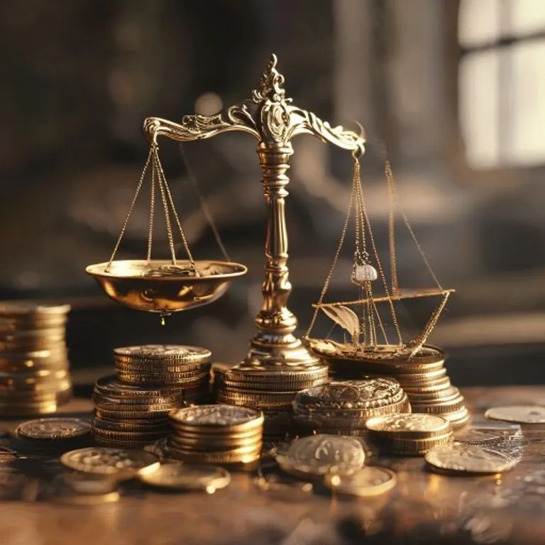 Balanza antigua con monedas y un barco, simbolizando el equilibrio entre riesgo y valor en los contratos de seguro.