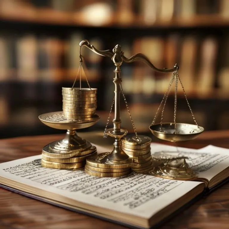 Bodegón 3D renderizado de una balanza de latón con monedas y un libro de contabilidad abierto, simbolizando la distribución de ganancias y pérdidas.