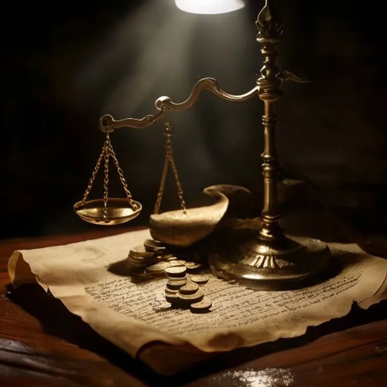 Bodegón cinematográfico de una balanza de latón vintage pesando una pila de monedas antiguas contra un contrato de pergamino enrollado, sobre un escritorio de madera oscura. La escena está iluminada por una única y dramática luz cenital, enfatizando la textura y la sombra.