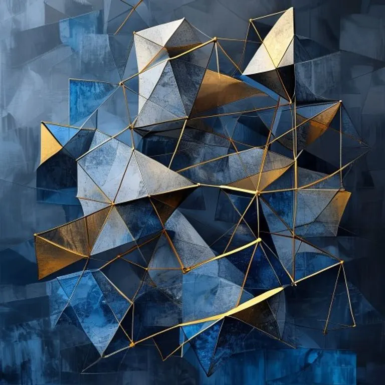 Arte conceptual abstracto que representa formas geométricas interconectadas que forman una red compleja, simbolizando marcos legales y relaciones comerciales. Los colores son azules profundos, grises y sutiles toques dorados. Estilo: escultura abstracta moderna renderizada en 3D.