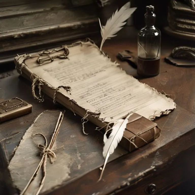 Fotografía vintage de un bodegón con un escritorio antiguo. Sobre él, un manifiesto de envío enrollado y atado con cordel, una pluma de ave y un tintero, una pequeña caja de madera sellada y un libro encuadernado en cuero desgastado. Iluminación suave e histórica que resalta texturas.