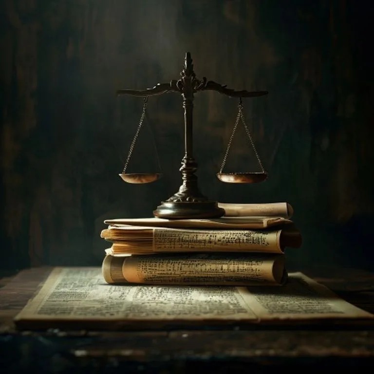 Arte conceptual, bodegón cinematográfico. Una composición atmosférica con poca luz, que muestra una pila de textos legales o pergaminos borrosos, con un enfoque nítido en una representación estilizada y abstracta de una balanza de la justicia o un mazo de madera oscura pulida. El fondo son sombras profundas y ricas, sugiriendo seriedad e importancia.