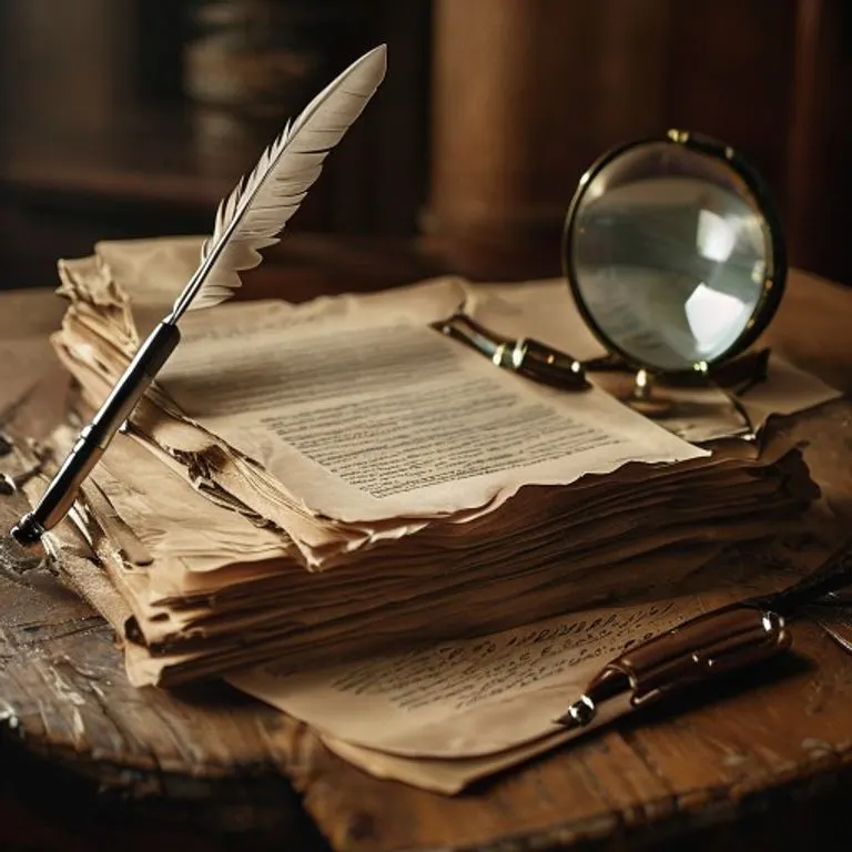 Bodegón cinematográfico de un escritorio vintage con papeles legales desgastados, una pluma de ave y una lupa, con un documento ligeramente extraído para enfatizar una cláusula, bajo una iluminación dramática.