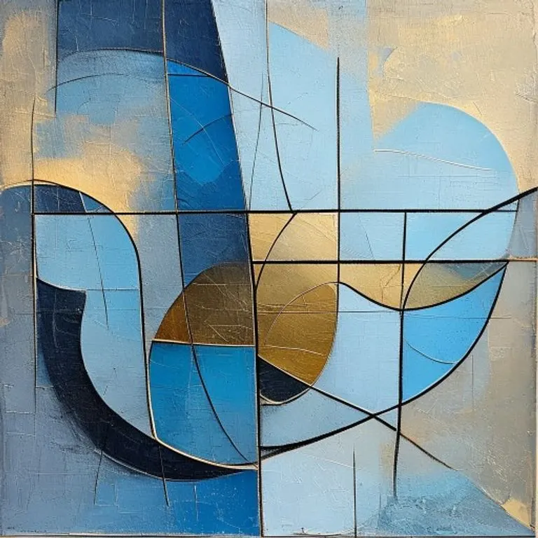Pintura abstracta cubista que representa el concepto de intercambio con formas geométricas entrelazadas en tonos azules, grises y dorados.
