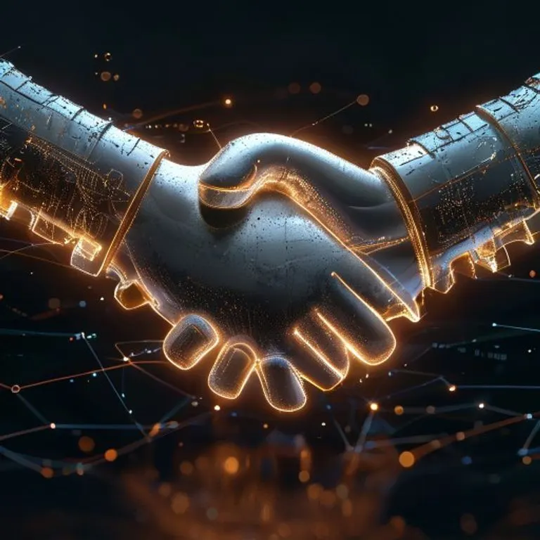 Representación 3D abstracta de un apretón de manos formado por engranajes metálicos, con líneas digitales brillantes, simbolizando acuerdos comerciales.