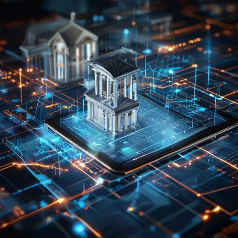 Render 3D de una interfaz moderna de plataforma de subastas digitales en una tableta transparente, rodeada de líneas abstractas que representan el flujo de datos y la conectividad, con un sutil plano de un antiguo juzgado de fondo.