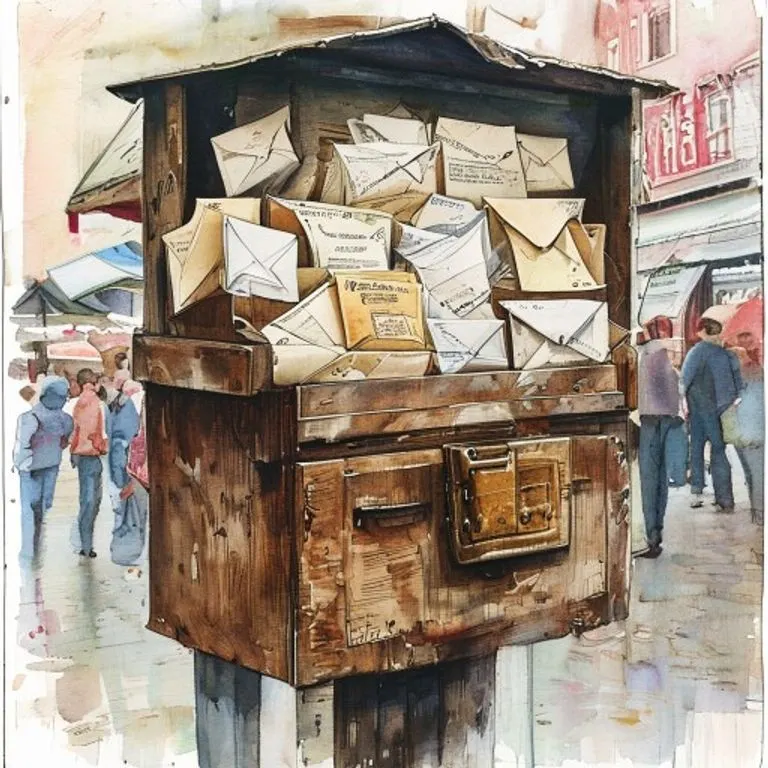 Buzón antiguo de madera lleno de cartas selladas en un mercado histórico.