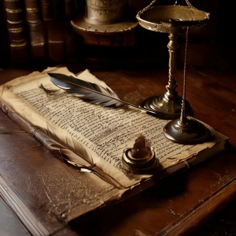 Fotografía vintage de un escritorio antiguo con un libro de leyes abierto, una pluma de ave y un sello de cera, evocando la formalidad de la legislación histórica.