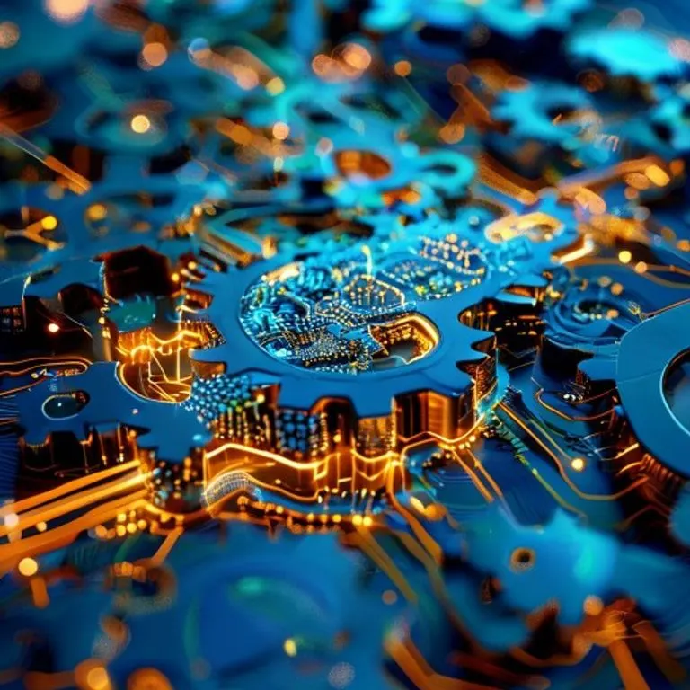Renderizado 3D de engranajes y circuitos interconectados formando el mapa de España, con puntos de luz que representan la red comercial y legal moderna.