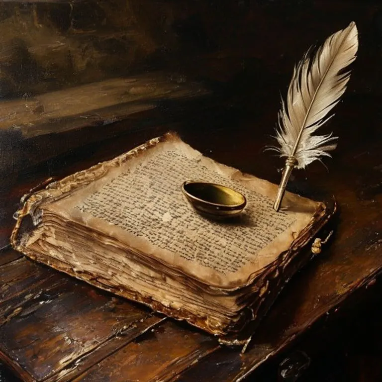Pintura al óleo de un antiguo libro de contabilidad abierto con una balanza de latón y una pluma, simbolizando la aplicación histórica de la ley comercial.