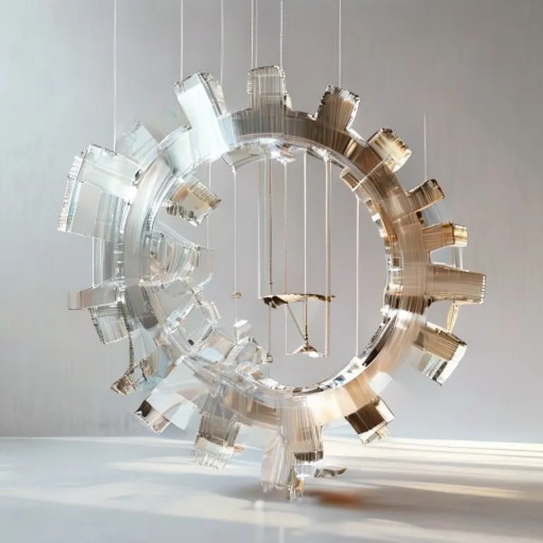 Arte conceptual de un mecanismo de engranajes fragmentado y translúcido, simbolizando la interconexión de sistemas legales y económicos.