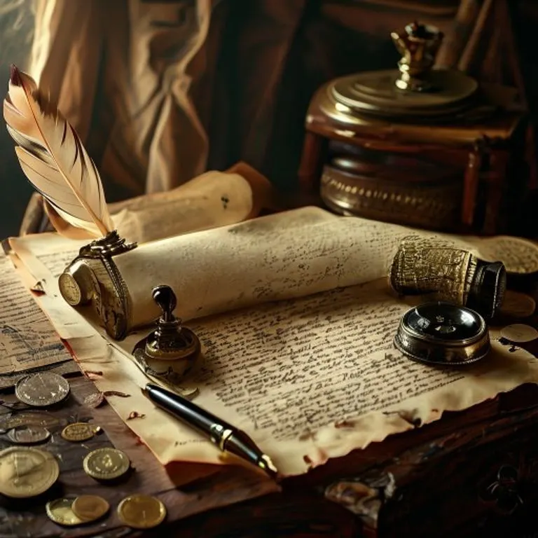 Escritorio de notario vintage con un pergamino sellado, pluma, tintero, monedas antiguas y papeles. Simboliza transacciones legales y la importancia de los contratos.