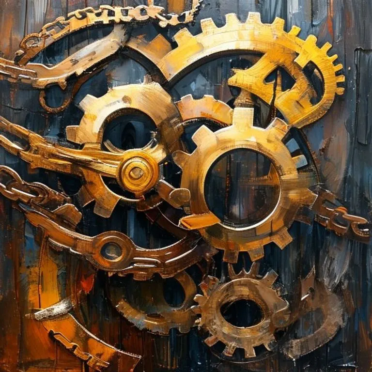 Pintura al óleo abstracta de engranajes y cadenas entrelazadas, algunas doradas, otras de madera desgastada, simbolizando la complejidad de las obligaciones legales y financieras.