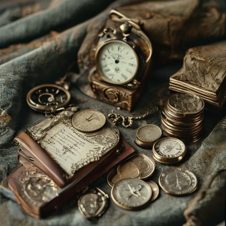 Colección de objetos antiguos como un reloj de bolsillo, un diario de cuero y monedas, sobre un paño de terciopelo.