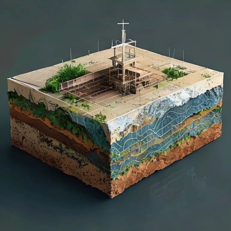 Renderizado 3D de una sección de tierra con capas de suelo visibles y un plano arquitectónico enrollado sobre la superficie.