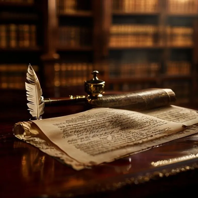 Bodegón cinematográfico de un documento legal antiguo, pluma de ave y tintero sobre un escritorio de madera, con libros de leyes borrosos al fondo.