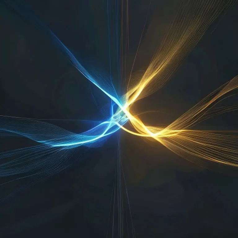 Arte conceptual abstracto de dos líneas de luz entrelazadas, una azul y otra dorada, convergiendo en un nudo complejo en un espacio oscuro y minimalista.