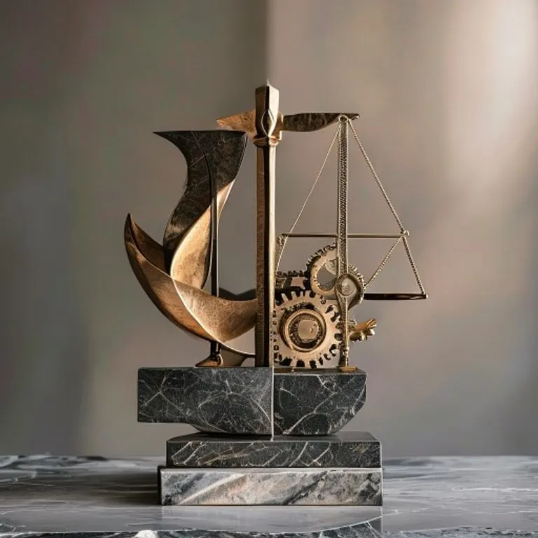 Escultura conceptual de bronce y mármol que simboliza la justicia y la equidad, con formas abstractas de bienes y engranajes de procesos legales, en un entorno minimalista.