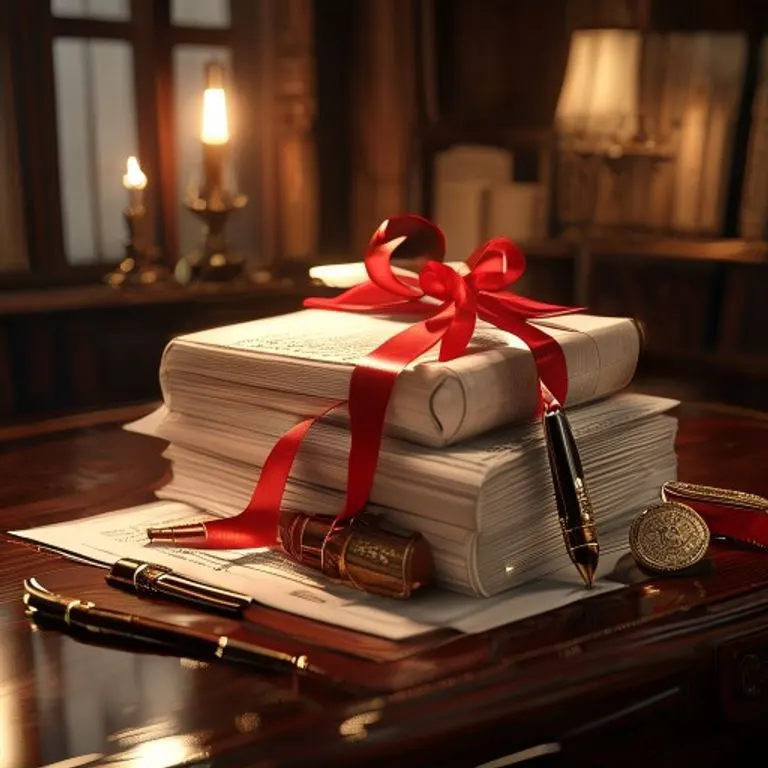 Bodegón 3D renderizado de documentos legales, pluma estilográfica y monedero antiguo sobre escritorio de madera.