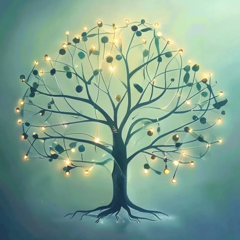 Arte conceptual abstracto de un árbol genealógico con líneas entrelazadas y nodos luminosos, sin figuras humanas.