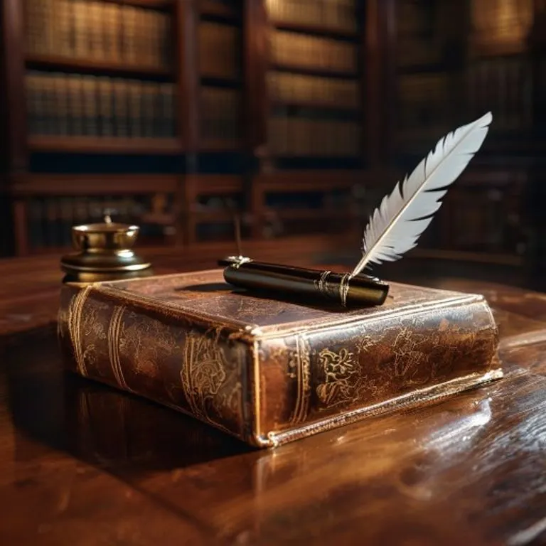 Bodegón cinematográfico de un libro legal antiguo encuadernado en cuero sobre un escritorio de caoba pulida, iluminado por una luz cálida. Junto a él, una pluma de ave y un tintero, con el fondo difuminado de una biblioteca jurídica tradicional. Se enfoca en la textura y el detalle histórico.
