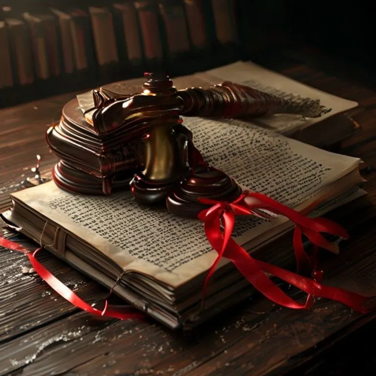 Un mazo de juez sobre un libro de leyes antiguo, rodeado de documentos legales, simbolizando la justicia arbitral.