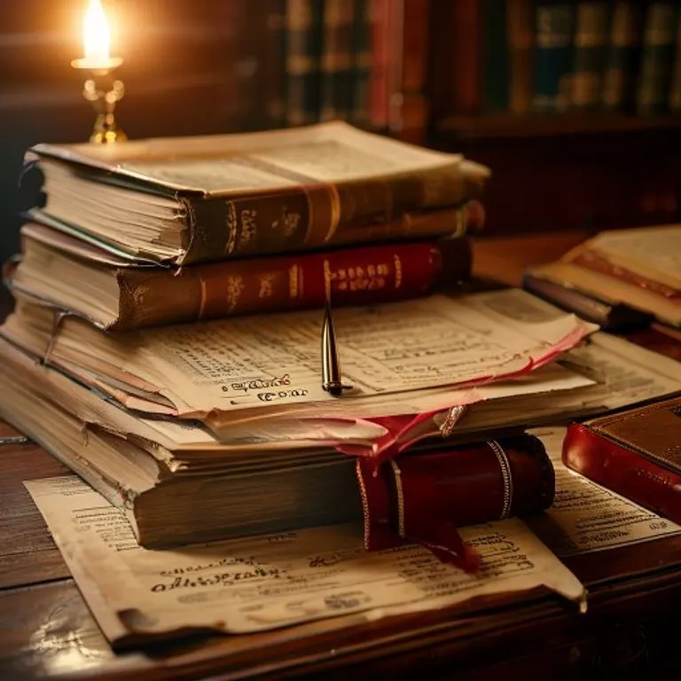 Escritorio antiguo con documentos legales, pluma y balanza de la justicia, iluminado por luz cálida.