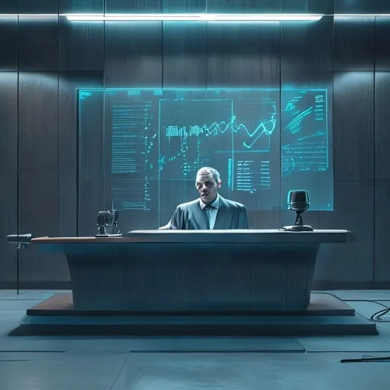 Sala de juicios moderna con mesa, monitor digital y micrófono, en tonos azules y grises.