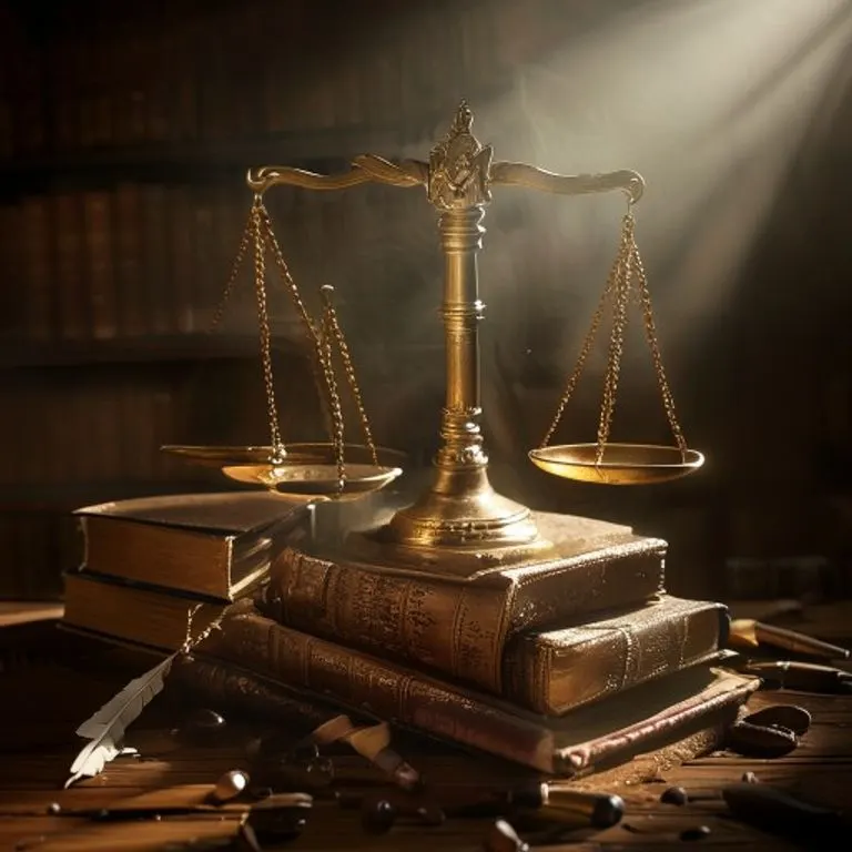 Balanza de la justicia de latón sobre libros de leyes antiguos, con plumas y tinteros, iluminada dramáticamente.