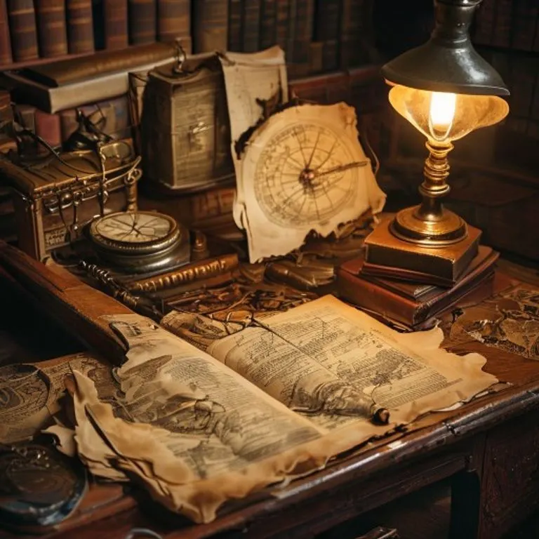 Fotografía vintage de un escritorio antiguo con cartas náuticas, un compás de latón y libros de derecho forrados en cuero, simbolizando la legislación marítima histórica.